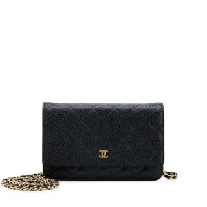 Black Quilted Caviar Wallet on Chain Gold Hardware.