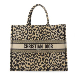 CHRISTIAN DIOR Canvas Mizza Large Leopard Book Tote Beige.